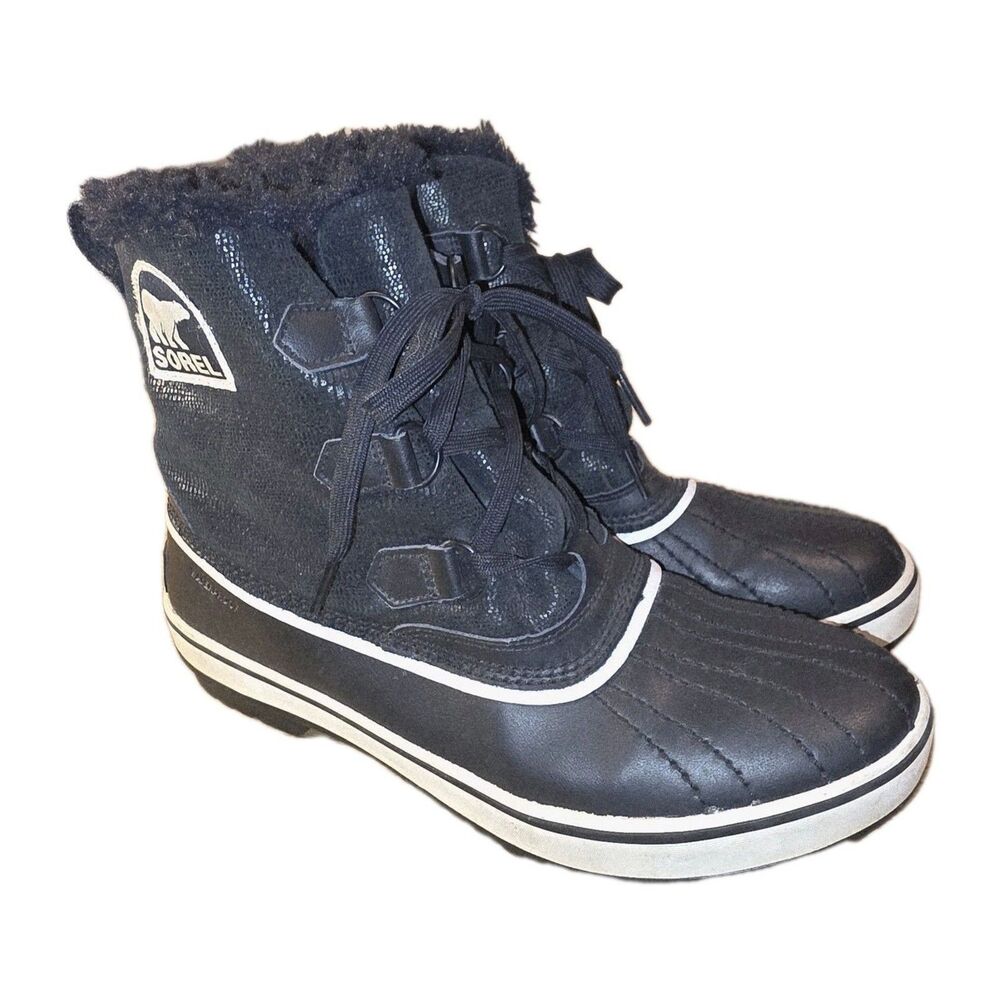 SOREL TIVOLI 9.5 Blk Leather & Faux Fur Lined Lace-Up Waterproof Logo Snow Boots